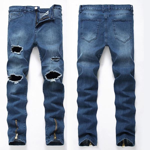 

men's jeans denim knee hole stretch korean all-match ruined trousers, Blue