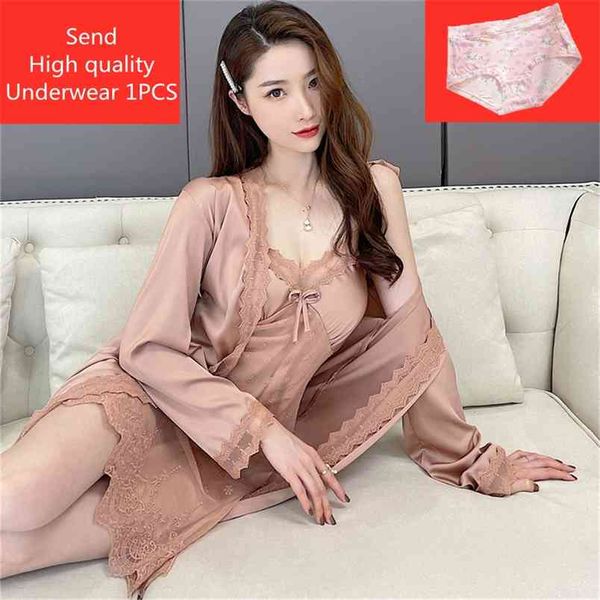 Nachtwäsche Weibliche Pyjamas Set Viskose Filament Sexy Spitze Braut Nachtwäsche Tragen Nighty Robe Frauen Pyjamas Hause Kleidung 210830