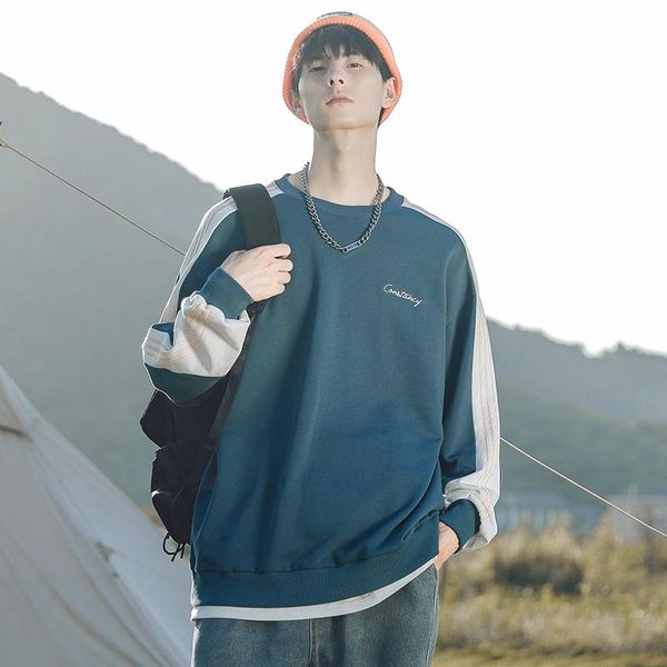 

men's hoodies & sweatshirts tfetters fashion long sleeve sweatshirt men autumn winter 2021 casual round neck couple stitching contrast, Black