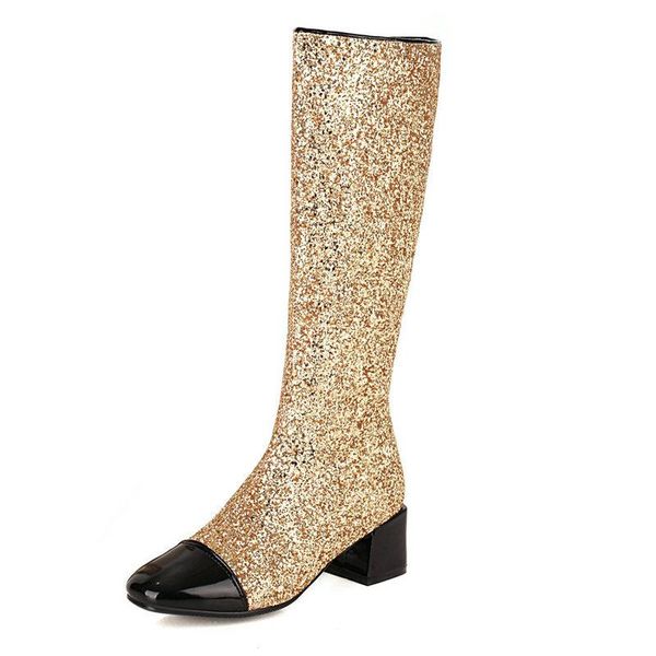 

boots gold sliver black women fashion zipper knee high comfort low heel sequinted cloth autumn winter shoes