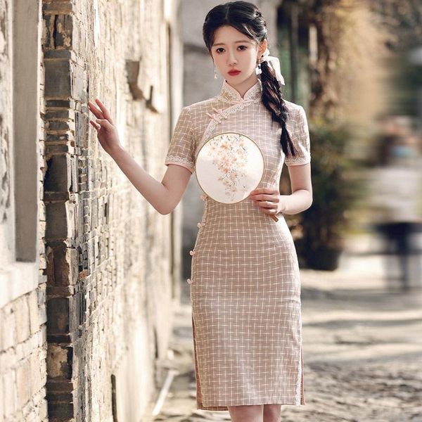 

ethnic clothing female cotton linen qipao plus size 3xl cheongsam mandarin collar sheath evening party dress short autumu vestidos, Red