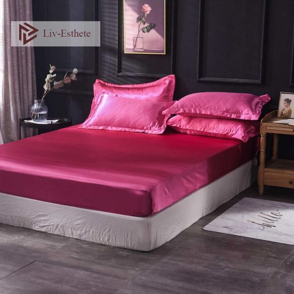 

sheets & sets liv-esthete wholesale luxury 100% satin silk rose red fitted sheet silky mattress cover queen king bed for women men 1pcs