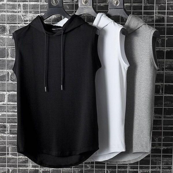 

men' tank qiwn sleeveless vest summer ice silk color men' undershirt youth sports fitness large size waistcoat hooded top, White;black