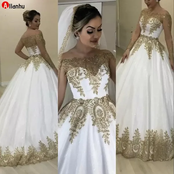 2022 Luxo Bling Dubai Dubai vestidos de casamento de ouro nupcial vestidos formais pura mangas compridas fora do ombro Bateu Neck Appliqued Sparkly Glitter Lingles 5J1