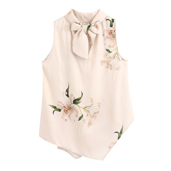 H.SA Blusa Mulheres Bolsa de Verão gravata Pescoço Elegante Impressão Feminina Sem Mangas Casuais Senhoras Chic Cetim Ol Camisas Tops 210417