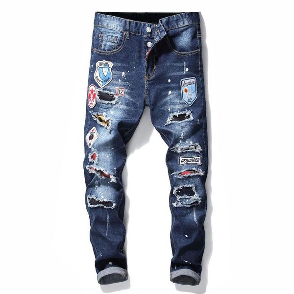 

men's jeans street fashion embroidered stretch slim pants high-quality four seasons hole patch tide men trousers, Blue