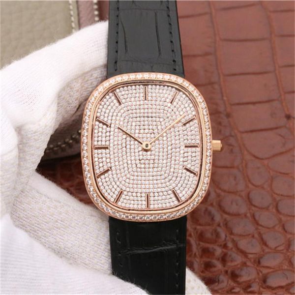

golden ellipse series grain diamond watch womens watches imported 9015 automatic chain movement fine steel case leather strap wristwatches, Slivery;brown