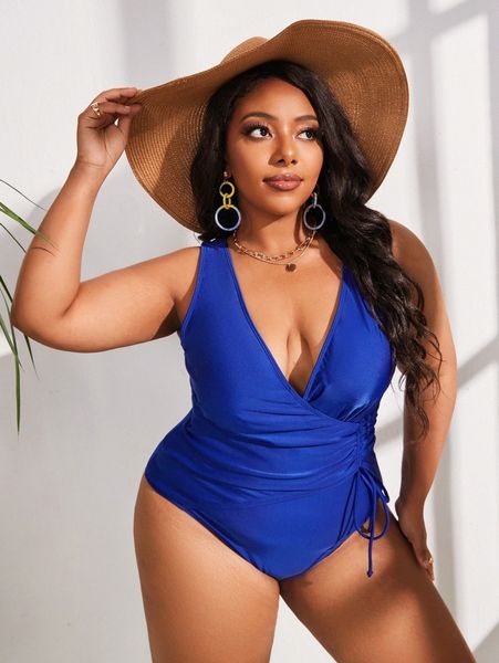 

plus solid drawstring one piece swimsuit t9rm#, Black
