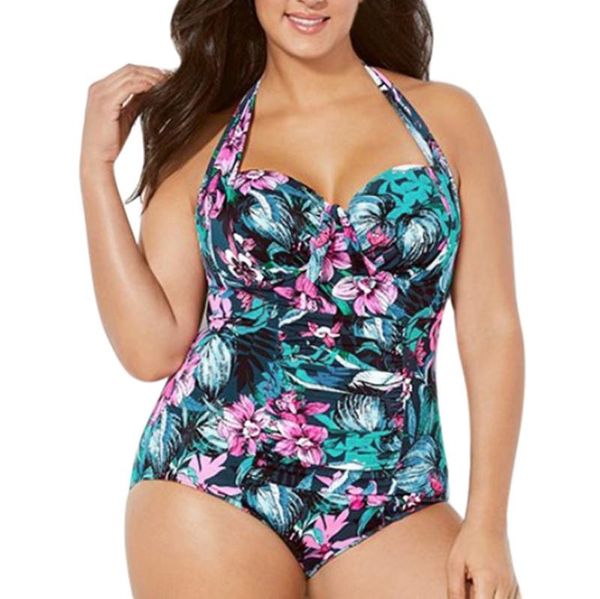 

green plus size print one piece swimsuit push up beach bathing halter low cut swimwear bikini talla grande#y1 one-piece suits