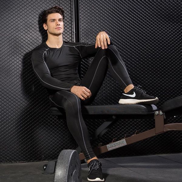 

men's sportswear quick-drying running training suit stretch tights long-sleeved trousers workout gym clothing, White;black