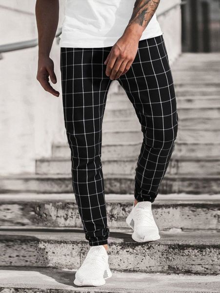 

men windowpane print drawstring waist pants o498#, Black
