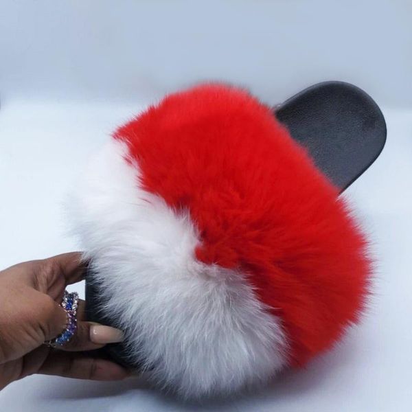 

women summer fluffy real fur slippers rainbow flat non-slip plush sandals fashion girls luxury pink flip flops wholesale, Black