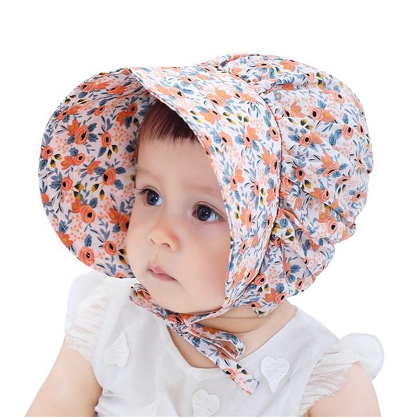 

wide brim hats baby sunhat flower print wide-brim sun-proof hood bonnet with tied strap for infant girls 3-18 months, Blue;gray