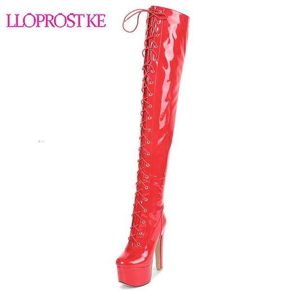 

boots lloprost ke lady high stiletto heel platform winter thigh women lace up over the knee dancing size 33-48, Black