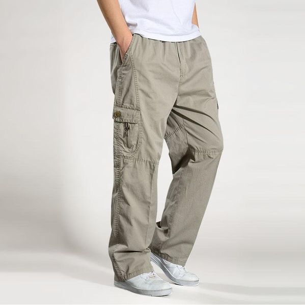 

men's pants casual men cargo cotton loose trousers mens overalls multi pocket straight joggers homme 6xl, Black