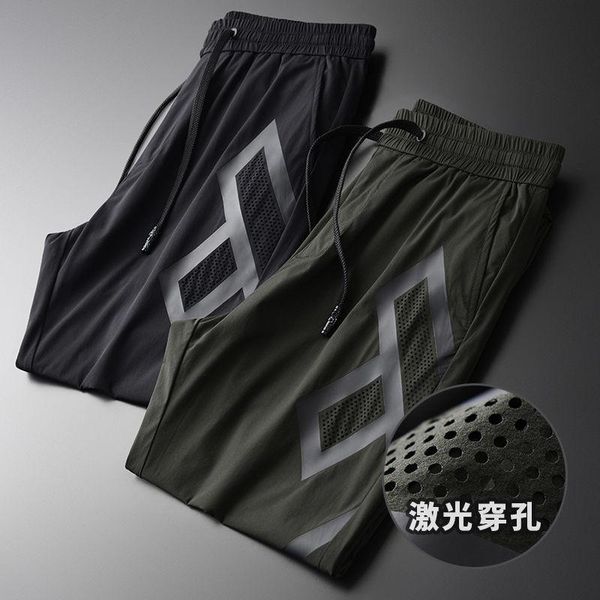 

men's pants summer silk slip press printing casual for men, Black