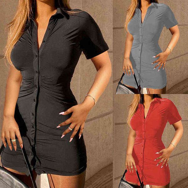 

casual dresses 2022 summer women's single breasted short sleeved shirt dresses ol lapel mini tight skirt, Black;gray