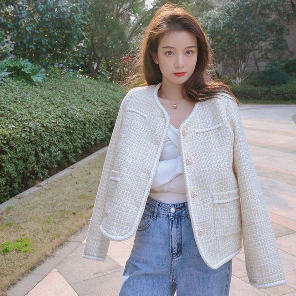 

women's wool & blends autumn tweed jacket women pearl button elegant vintage fashion outerwear female temperament ladies short coat y84, Black