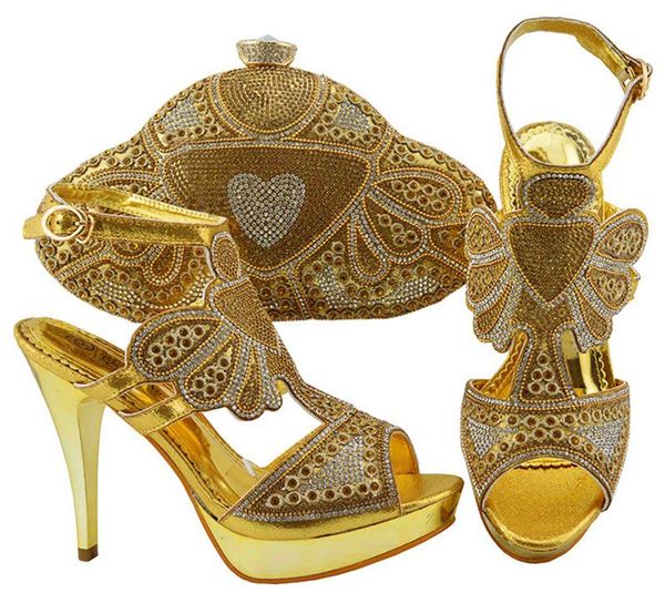

dress shoes party sets gold high heel sandal and evening handbag with rhinestones jzc004 height 11.5cm, Black