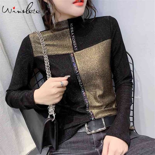 

spring t-shirt women shiny diamonds letters color block mock neck long sleeve t shirt tee casual t02403b 210421, Black;gray