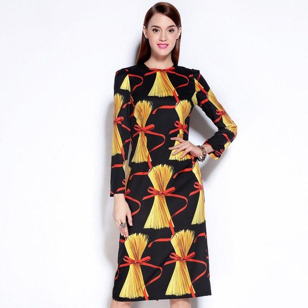 

casual dresses customized runway dress 2021 autumn full sleeve spaghetti pasta printed lady trend vintage straight, Black;gray