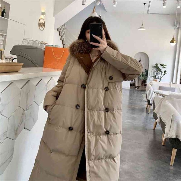 

korean down jacket women's middle and long knee length 2021 autumn winter clothes new loose thickened fashion large wool collar coat, Black