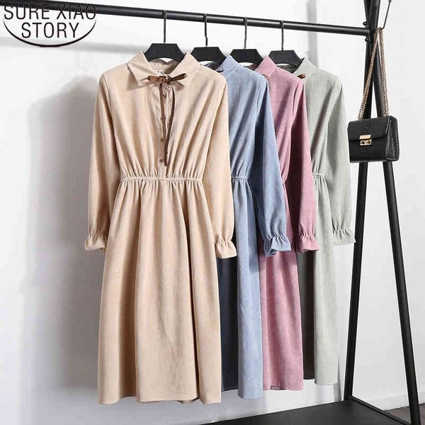 

elegant fashion corduroy women autumn korean solid lapel long sleeve female winter midi bow tie dress 1 210417, Black;gray