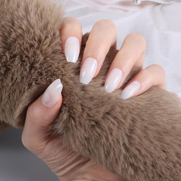 

nail art kits 24pcs solid color ice through nude white coffin false nails wearable ballerina french fake full cover tips with glue