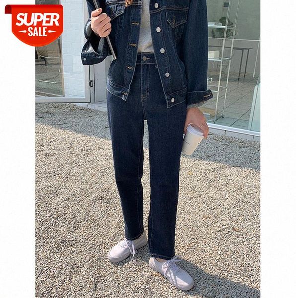 

tg hong kong-style retro washed jeans women's dark blue high-waist straight-leg trousers 13379 #w75h, Black;gray