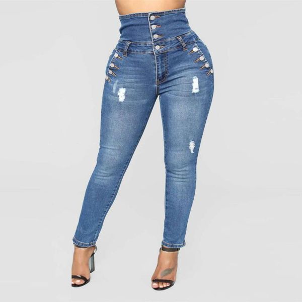 

plus size bandage denim jeans woman retro pants fashion trousers high waist buttons big vintage bodycon 2021 clothing women's, Blue