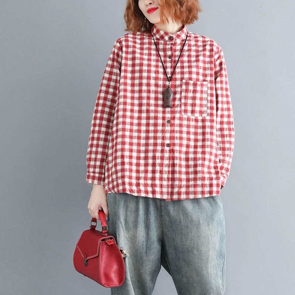 

women's blouses & shirts spring autumn arts style women long sleeve loose blouse stand collar cotton linen plaid c 0p3p, White