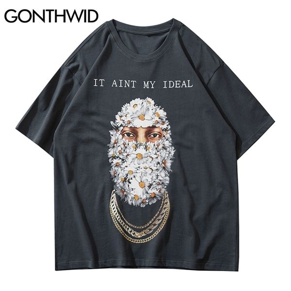 

gonthwid tees men streetwear hip hop gothic punk daisy head print short sleeve tshirt cotton casual loose harajuku t-shirts 210706, White;black
