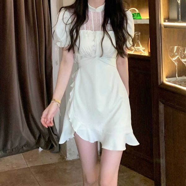 

summer 2021 korean relaxed vintage skirt short sleeve lace drs, Black;gray