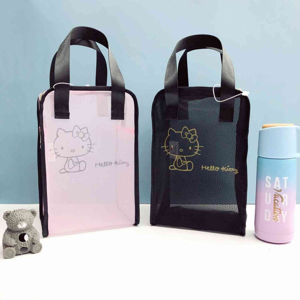 

handbag fog flower kt transparent mesh cosmetic bag cat large capacity hollow out water cup umbrella wash, Black;red