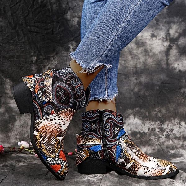 

boots 2021 women snake pattern suqare heels zipper embroidery short boot round toe warm ankle botas mujer winter shoes, Black