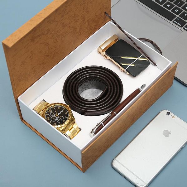 

wristwatches men watches gift set watch leather belt signing pens sets family gifts steel business present suit for boyfriend father's, Slivery;brown