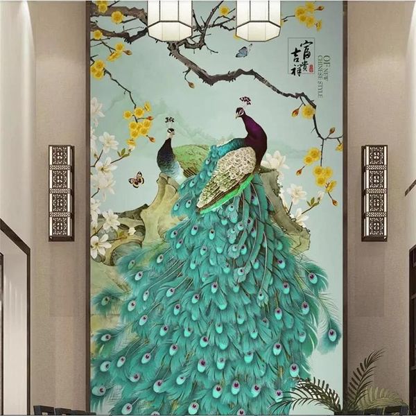 

custom chinese style pen blue peacock flower bird porch background decoration large mural self adhesive wallpaper waterproof wallpapers