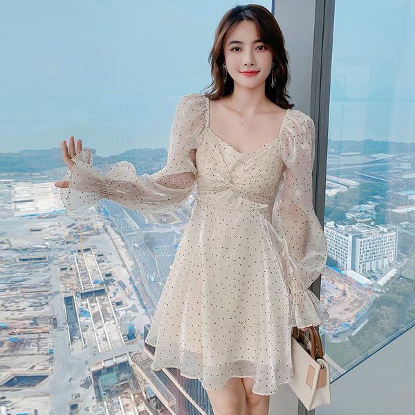 

casual dresses woman print polka dot dress long puff sleeve v-neck chic paryt mini slim waist simple female, Black;gray