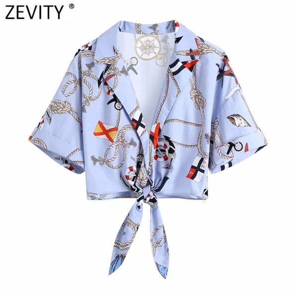 

summer women print hem knotted short blue blouse ladies sleeve chic kimono crop shirts femininas blusas ls9124 210420, White