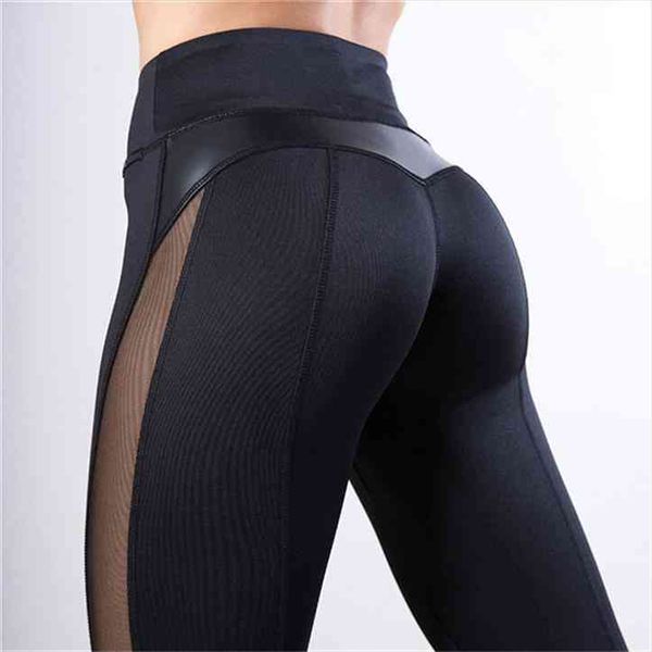 

black fitness heart workout legginngs womens legging femmle mesh and pu leather patchwork leggings solid pants