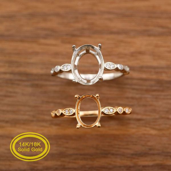 Impostazioni per anelli a punta ovale in oro bianco massiccio 14K / 18K con accenti di Moissanite Vassoio con castone stile vintage fai-da-te per pietre preziose 1224058