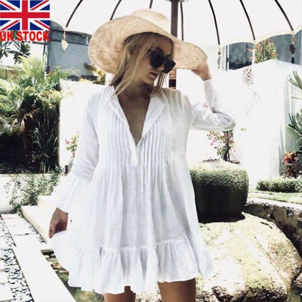 

boho shirts summer loose women dress v neck solid white turn down blouse shirt swimwear cover up beach wear, Black;gray