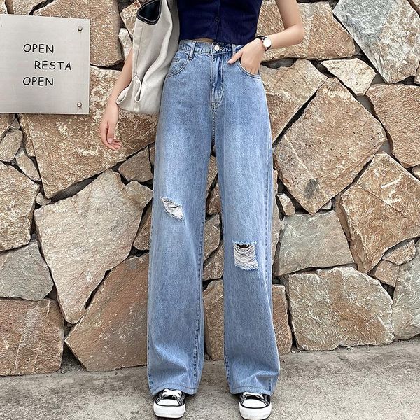 

women's jeans women loose hem cotton long denim pants with holes, Blue