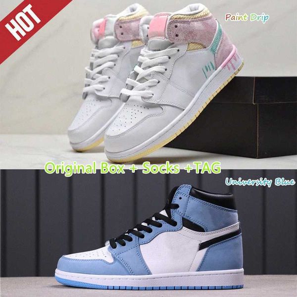 

mens 1 high og university blue basketball shoes jumpman 1s silver royal toe paint drip unc patent men women sneakers trainerssxxr#b13t