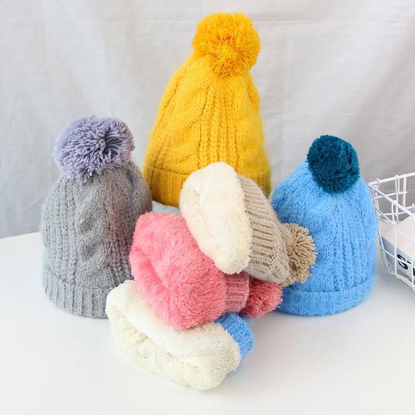 

caps & hats warm plush baby hat winter born boys girls beanies cute pompom thicken soft knitted cap infant toddler bonnet, Yellow