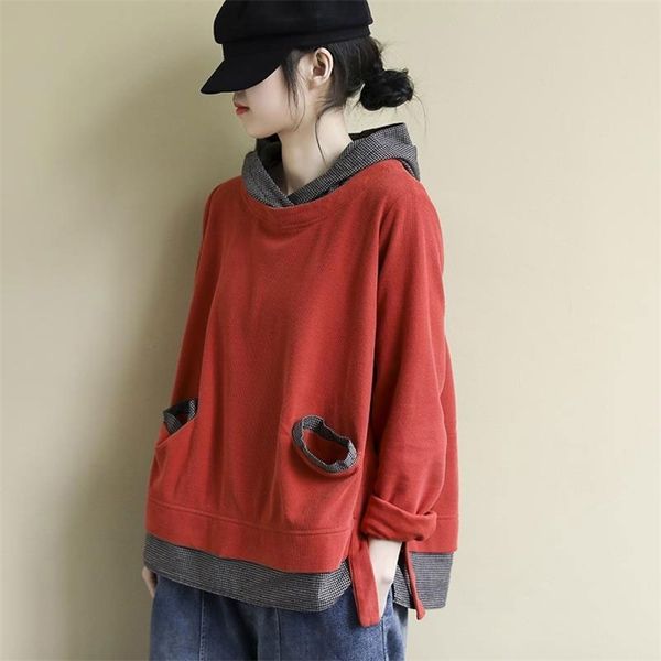 

spring autumn arts style women long sleeve loose casual hooded pullovers double pocket fake two piece hoodies big size m695 210512, Black