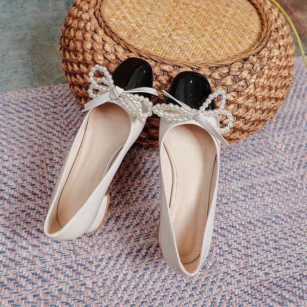 

70% off factory online korean version square head pearl bow single shoes women's 2021 new color matching thick heel simple small fragra, Black
