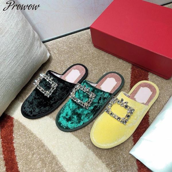 

prowow spring/autumn outside casual women slippers flock crystal flat genuine leather, Black