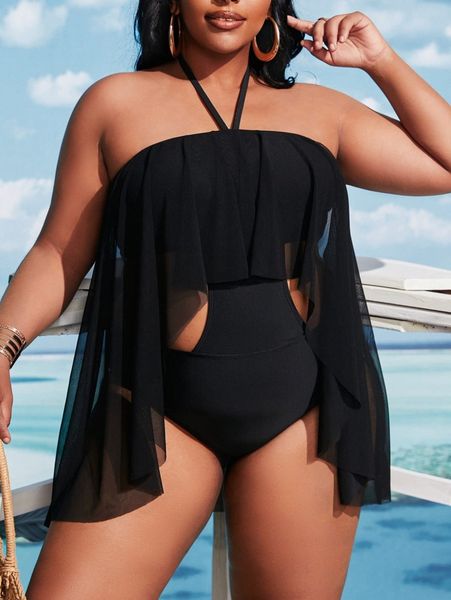 

plus cut-out contrast mesh one piece swimsuit q8bn#, Black