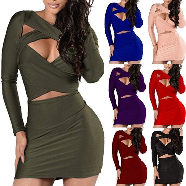 

womens long sleeves pure color hollowing out tight fitting buttock mini dress comfortable sheath lightweight women casual dresses, Black;gray